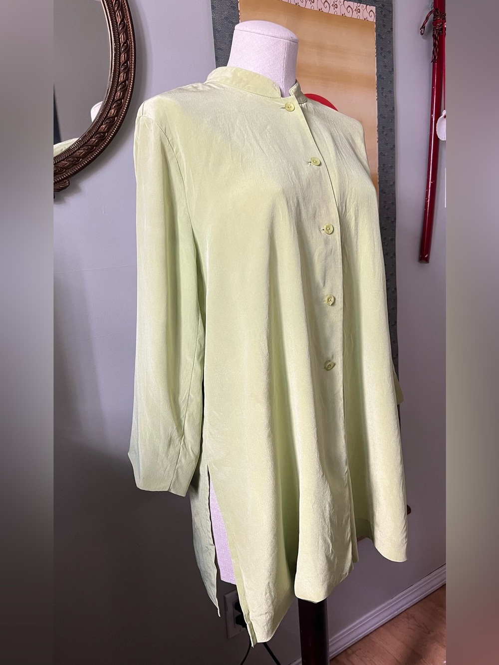 Light Green Silk Mandarin Collar Shirt